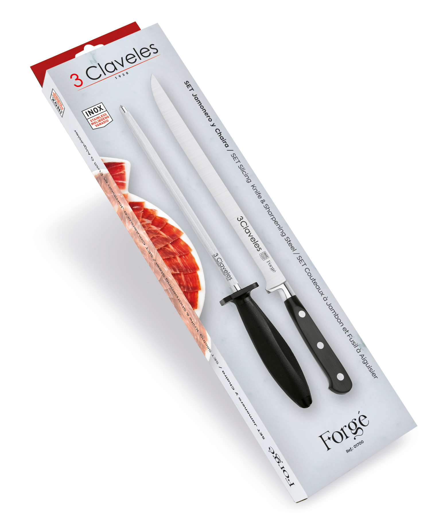 set cuchillo jamonero y chaira forgé